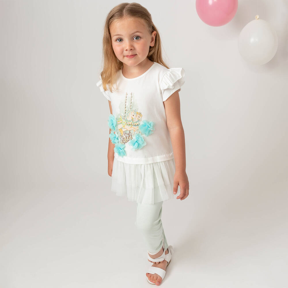 Caramelo Kids-Girls White & Green Cotton Leggings Set | Childrensalon Outlet