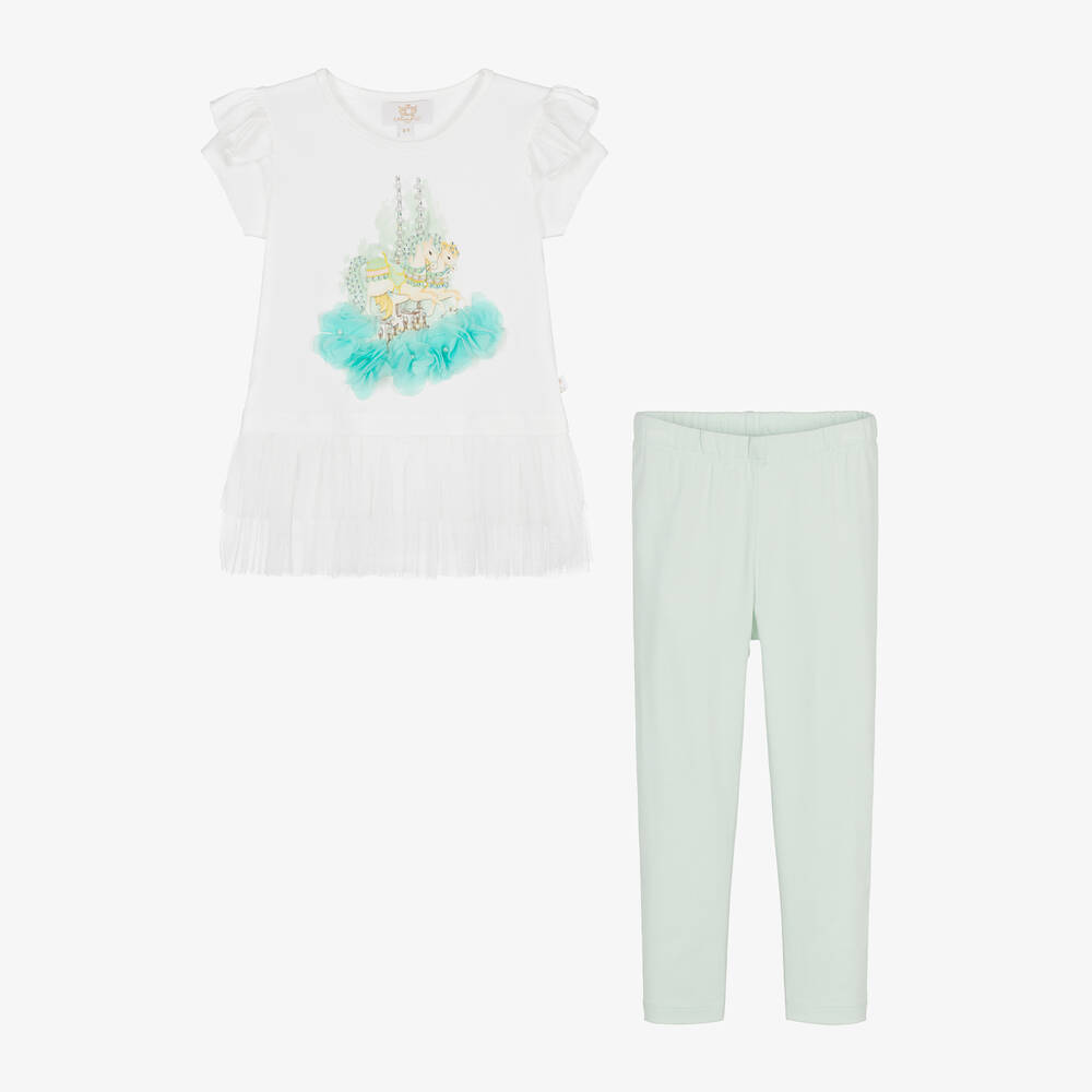 Caramelo Kids-Girls White & Green Cotton Leggings Set | Childrensalon Outlet