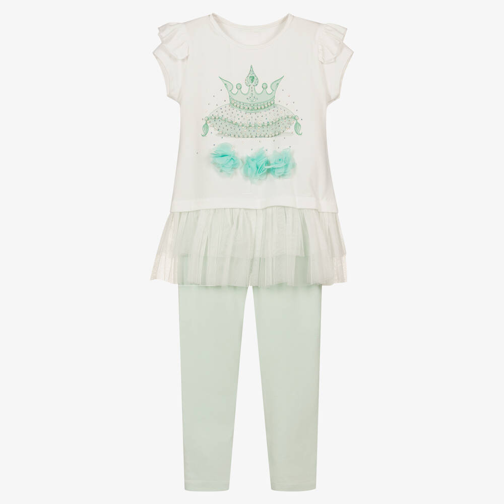 Caramelo Kids - Белая футболка с короной и зеленые легинсы | Childrensalon