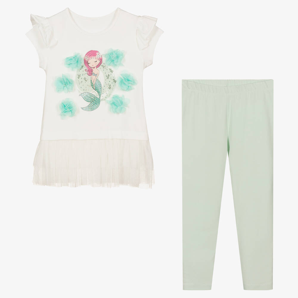Caramelo Kids-Girls White & Green Mermaid Leggings Set | Childrensalon Outlet