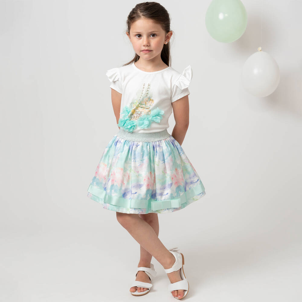 Caramelo Kids-Girls White & Green Skirt Set | Childrensalon Outlet