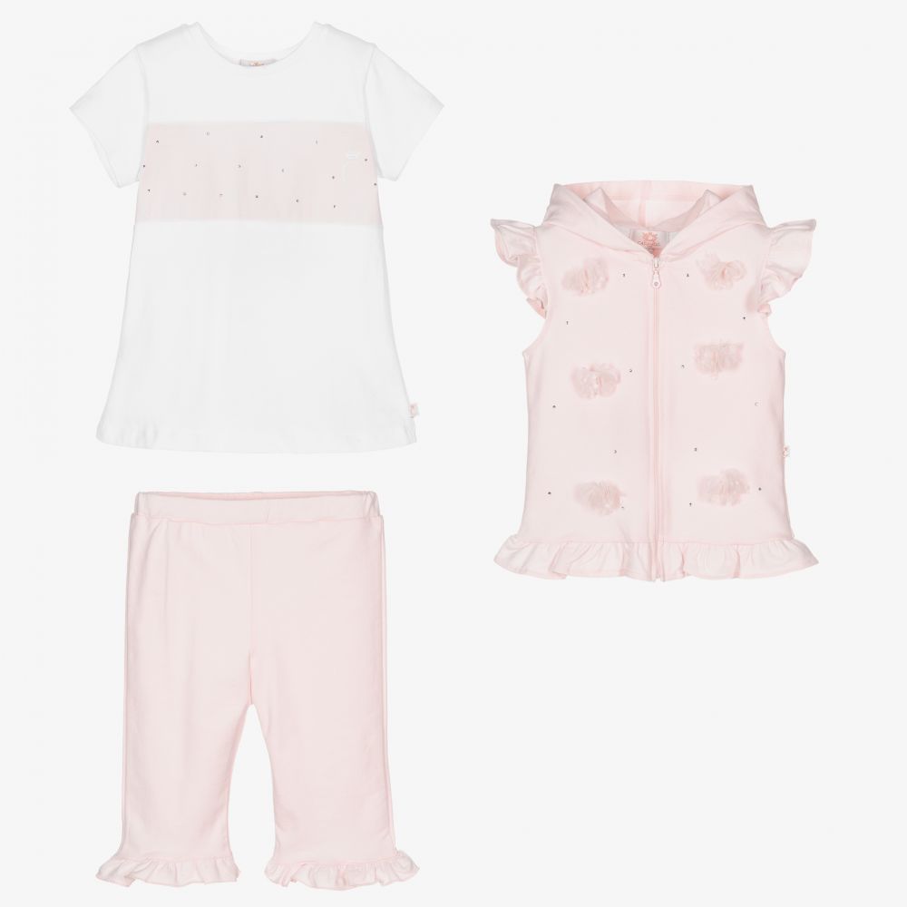 Caramelo Kids-طقم شورت قطن جيرسي لون أبيض وزهري للبنات | Childrensalon Outlet