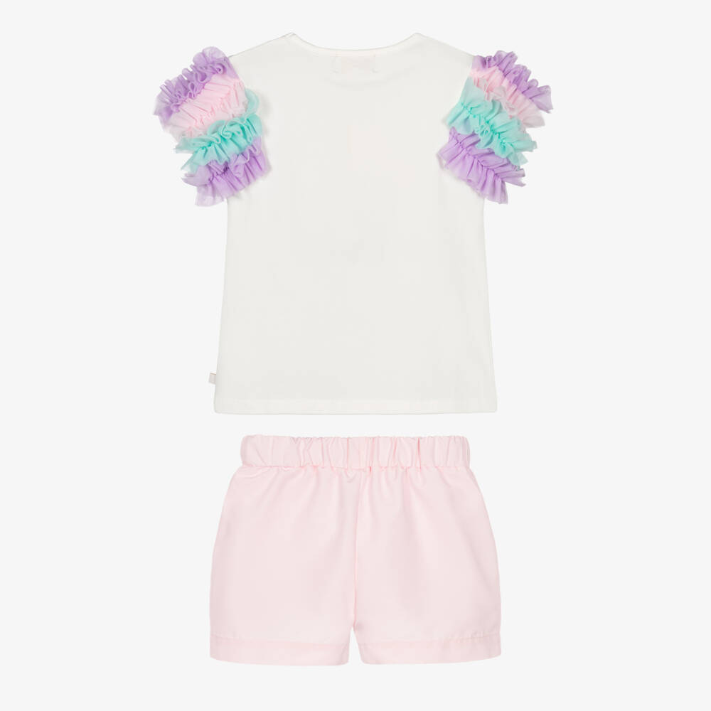 Caramelo Kids-Girls White & Pink Shorts Set with Iridescent Tumbler | Childrensalon Outlet