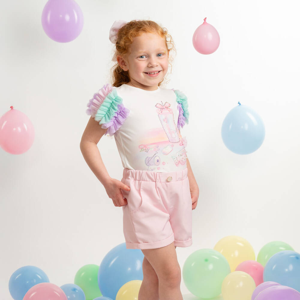 Caramelo Kids-Girls White & Pink Shorts Set with Iridescent Tumbler | Childrensalon Outlet