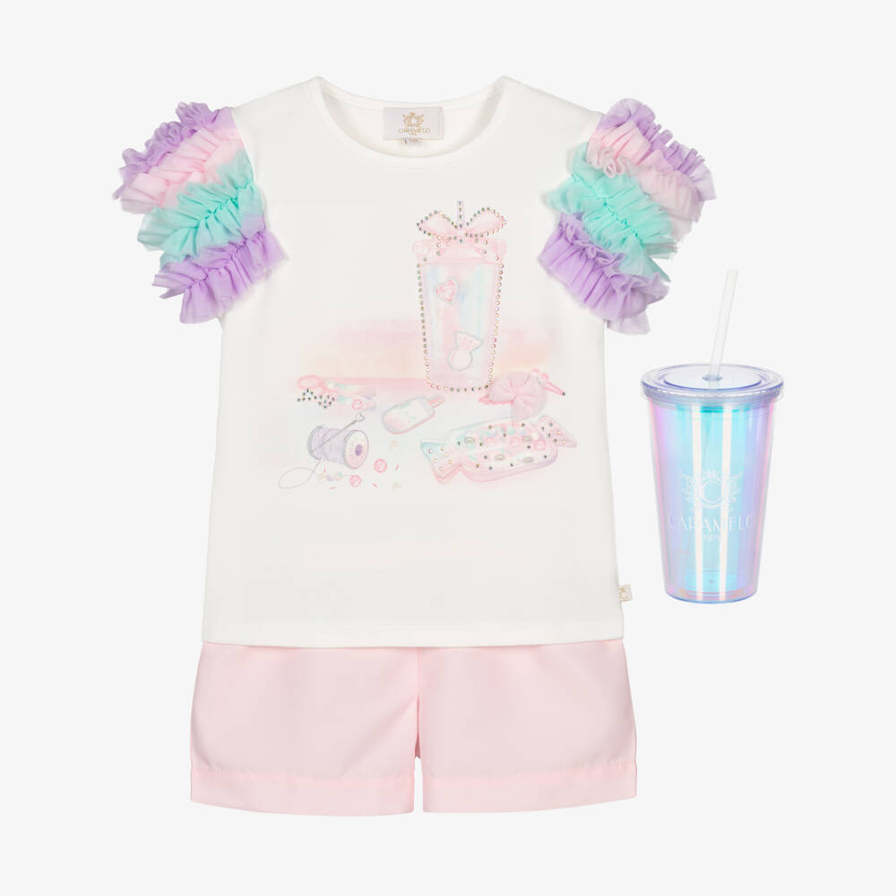 Caramelo Kids-Girls White & Pink Shorts Set with Iridescent Tumbler | Childrensalon Outlet