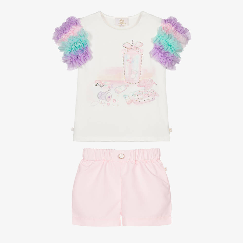 Caramelo Kids-Girls White & Pink Shorts Set with Iridescent Tumbler | Childrensalon Outlet