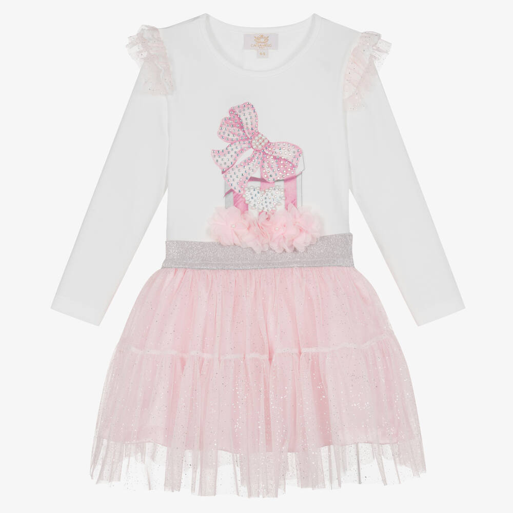 Caramelo Kids - Girls White & Pink Tulle Skirt Set | Childrensalon