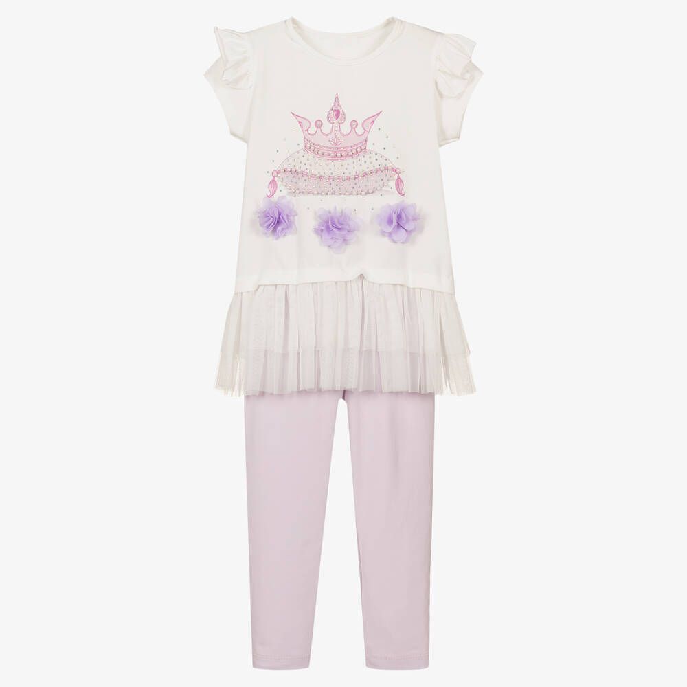 Caramelo Kids - Белая футболка с короной и фиолетовые легинсы | Childrensalon