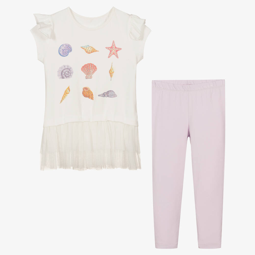 Caramelo Kids-طقم ليغنغز قطن جيرسي لون بنفسجي وأبيض للبنات | Childrensalon Outlet