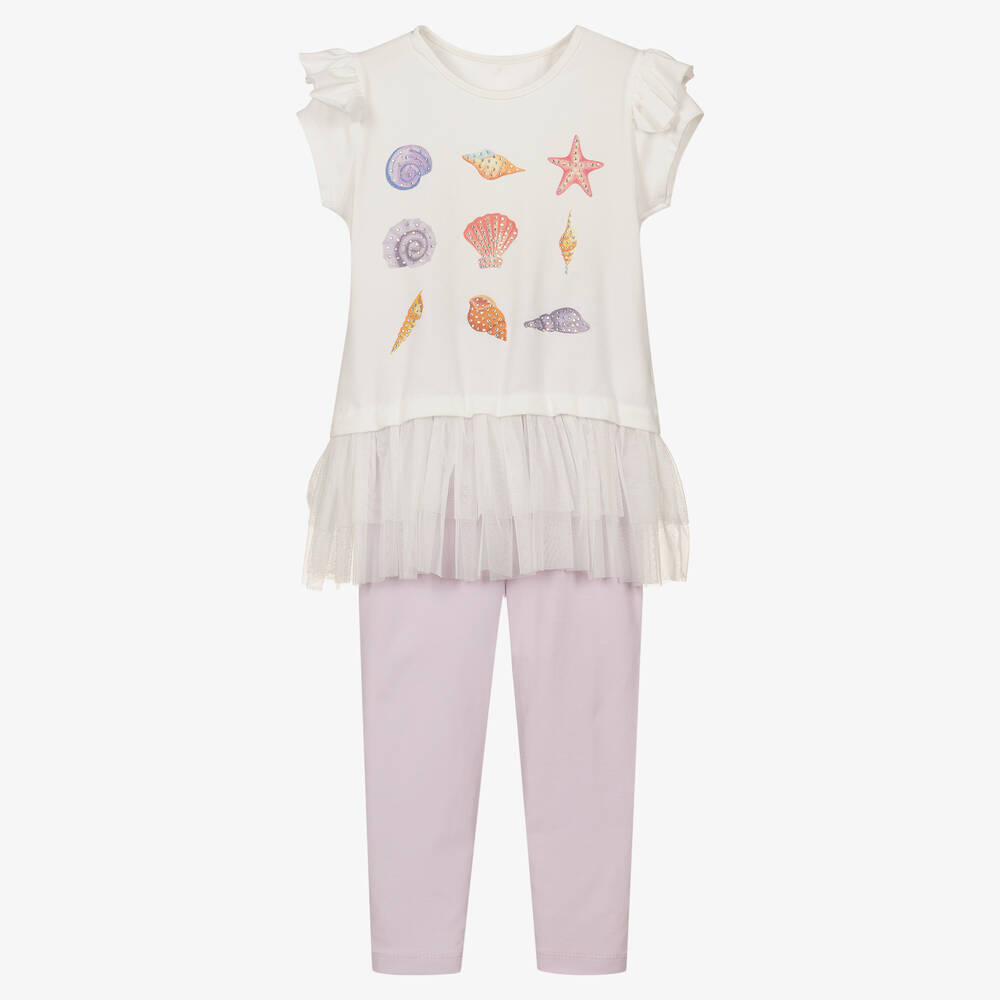 Caramelo Kids - Белая футболка с ракушками и фиолетовые легинсы | Childrensalon