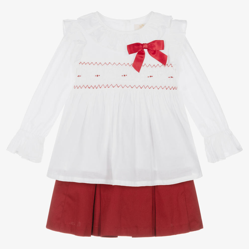 Caramelo Kids - Girls White & Red Smocked Skirt Set | Childrensalon