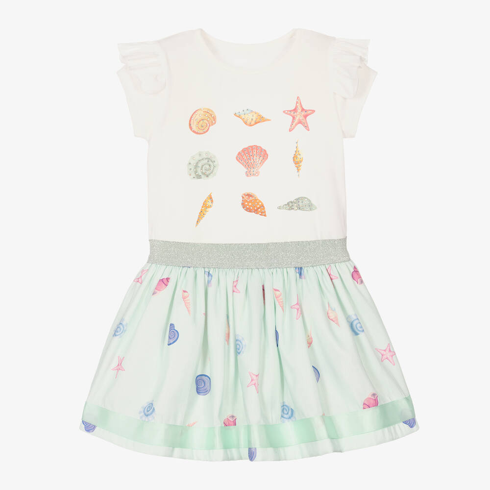 Caramelo Kids - Белый топ и зеленая юбка | Childrensalon