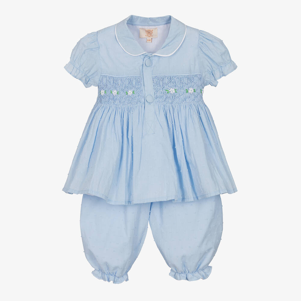 Caramelo Kids - طقم فستان قطن مطرز باليد لون أزرق - قطعتين | Childrensalon