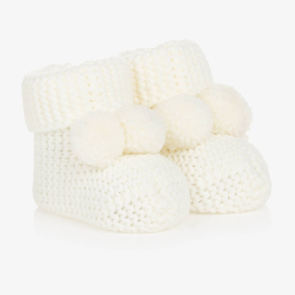 Caramelo Kids - Ivory Knitted Pom-Pom Booties | Childrensalon