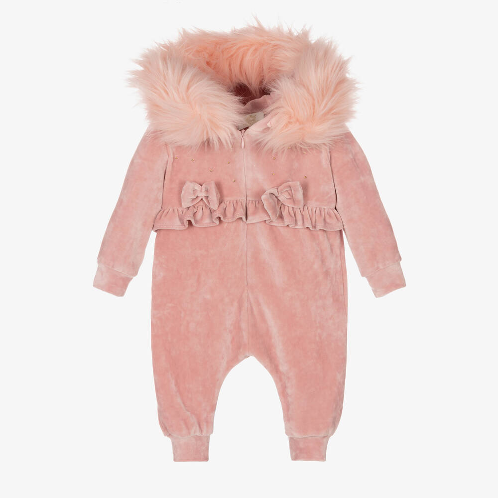 Caramelo Kids - Pink Velour Hooded Baby Romper | Childrensalon