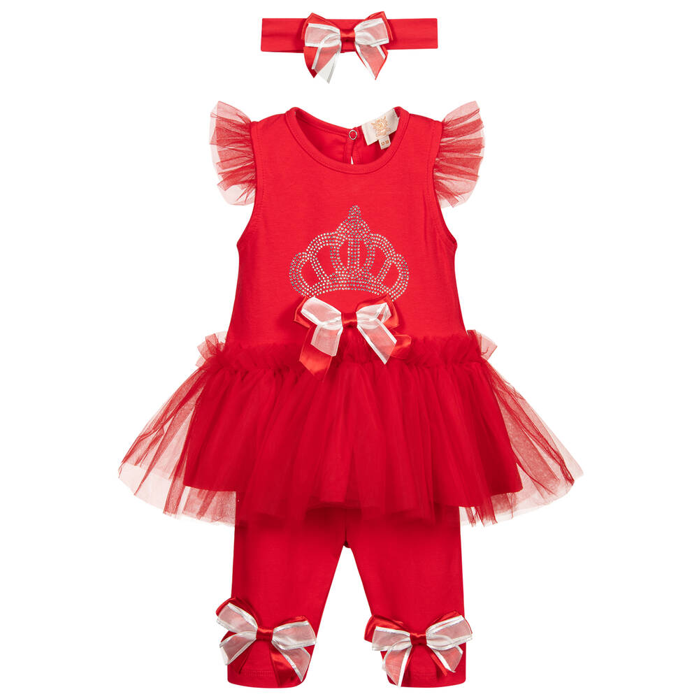 Caramelo Kids - Красный хлопковый комплект с платьем из 3 предметов   | Childrensalon