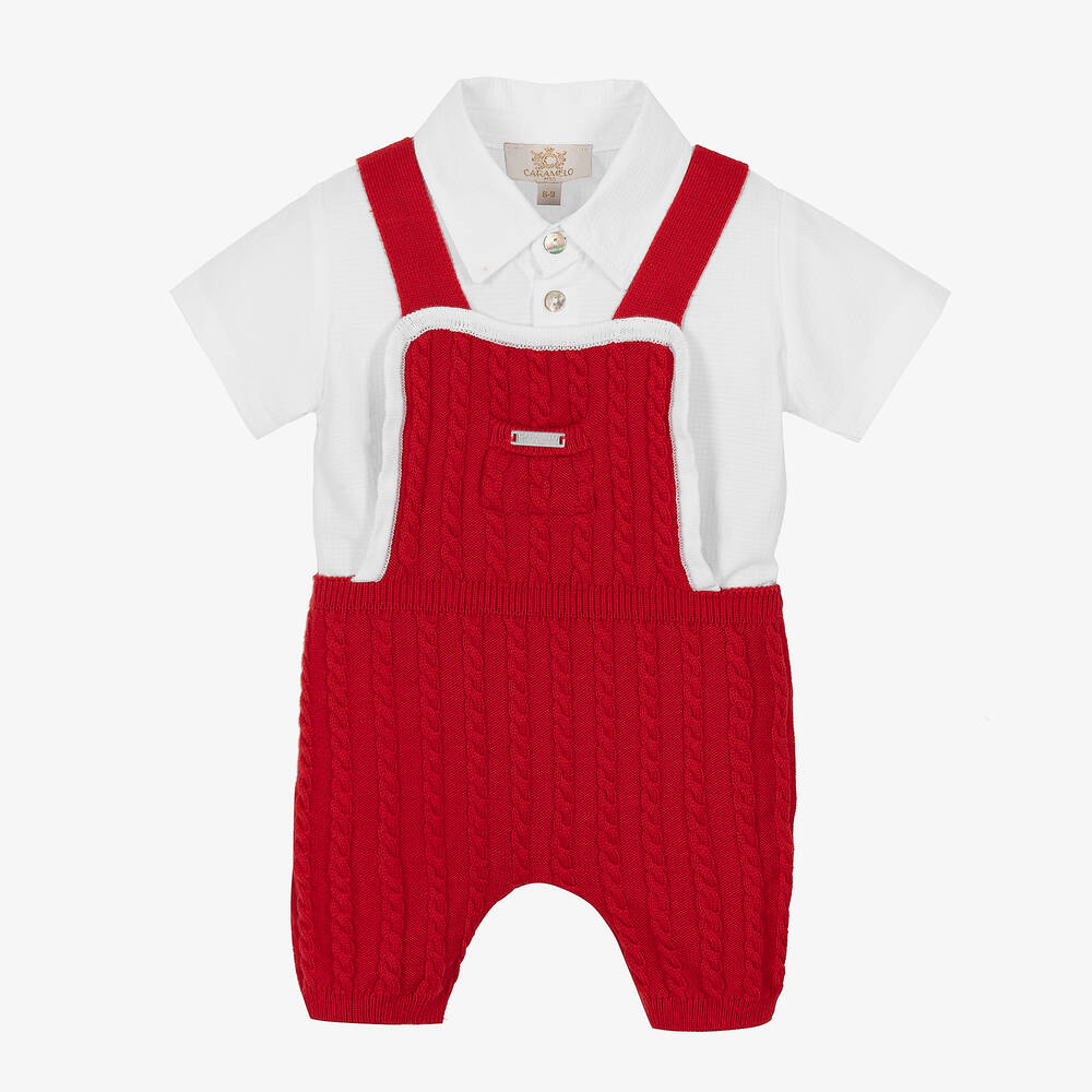 Caramelo Kids - Red Knit Baby Dungaree Shorts Set | Childrensalon
