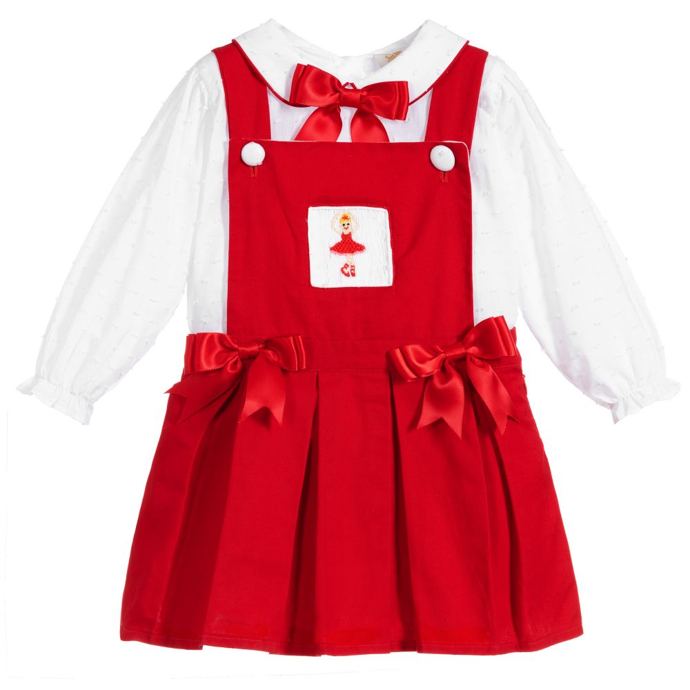 Caramelo Kids - فستان بينافور مطرز وبلوز قطن لون أبيض وأحمر | Childrensalon