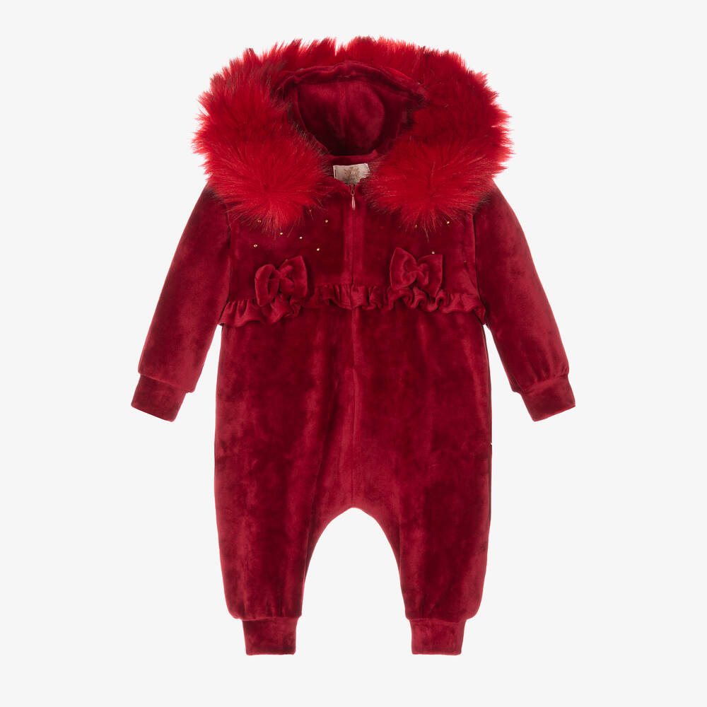 Caramelo Kids - Red Velour Hooded Baby Romper | Childrensalon