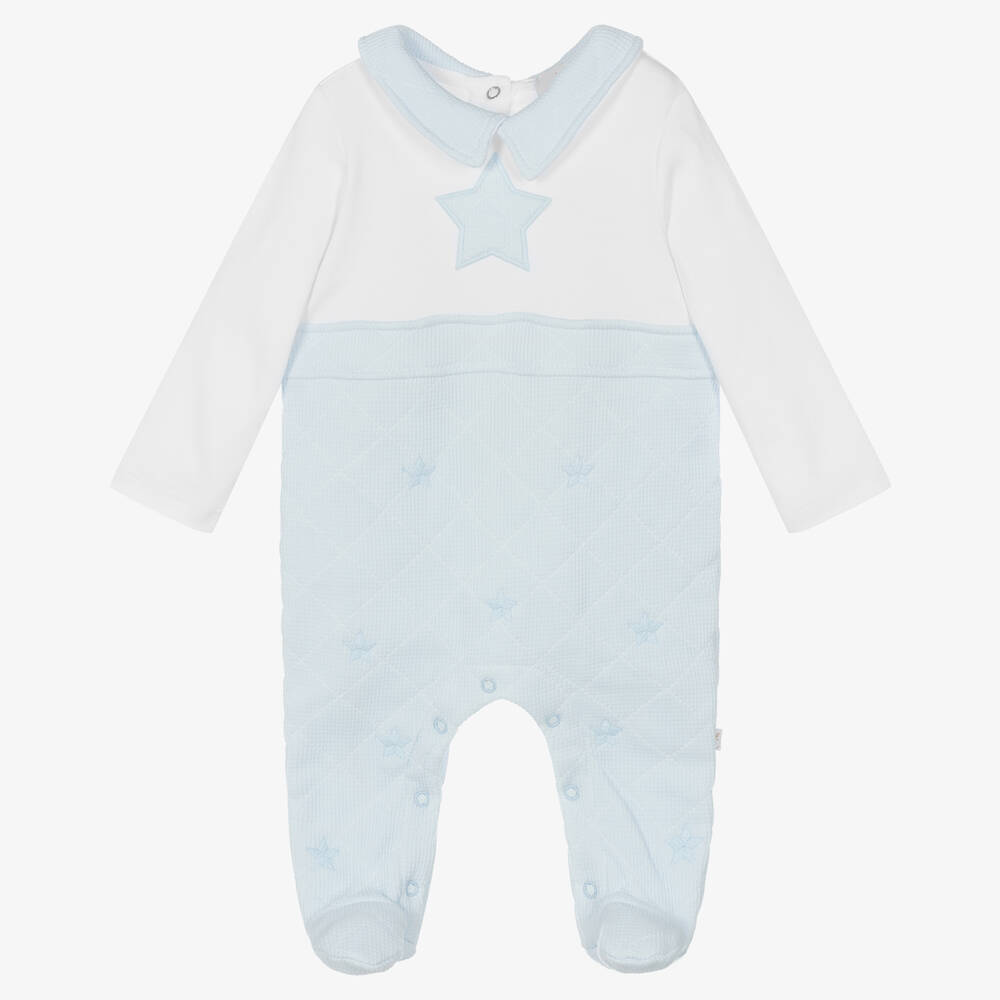 Caramelo Kids - White & Blue Waffle Cotton Babygrow | Childrensalon