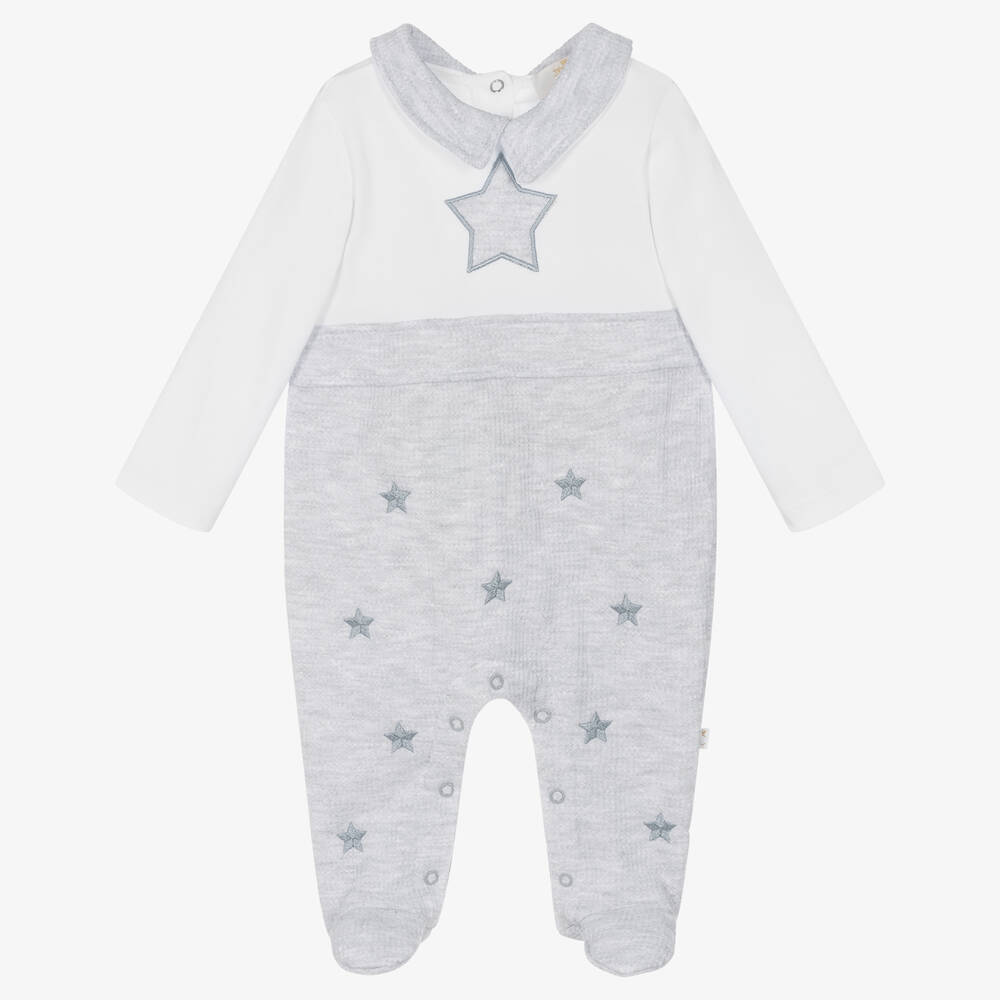 Caramelo Kids - White & Grey Waffle Cotton Babygrow | Childrensalon