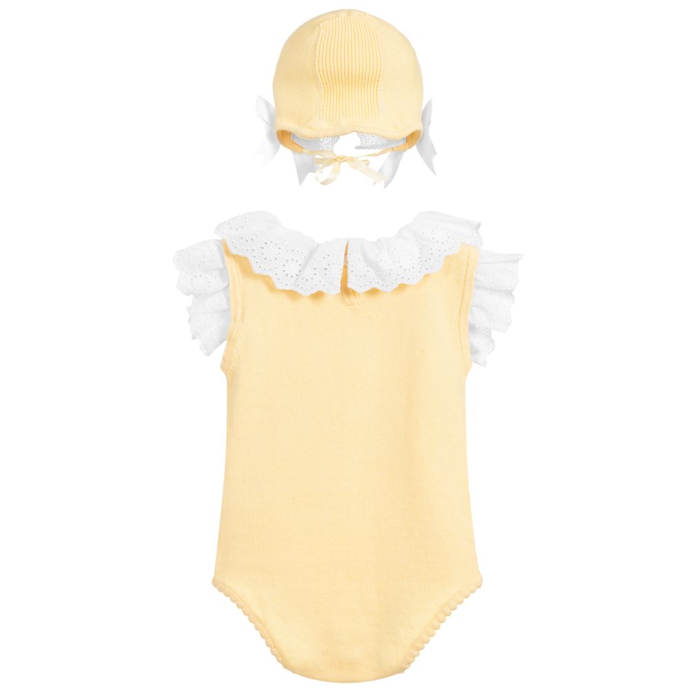 Caramelo Kids-تبّان وبونيه قطن محبوك لون أصفر وأبيض للمولودات | Childrensalon Outlet
