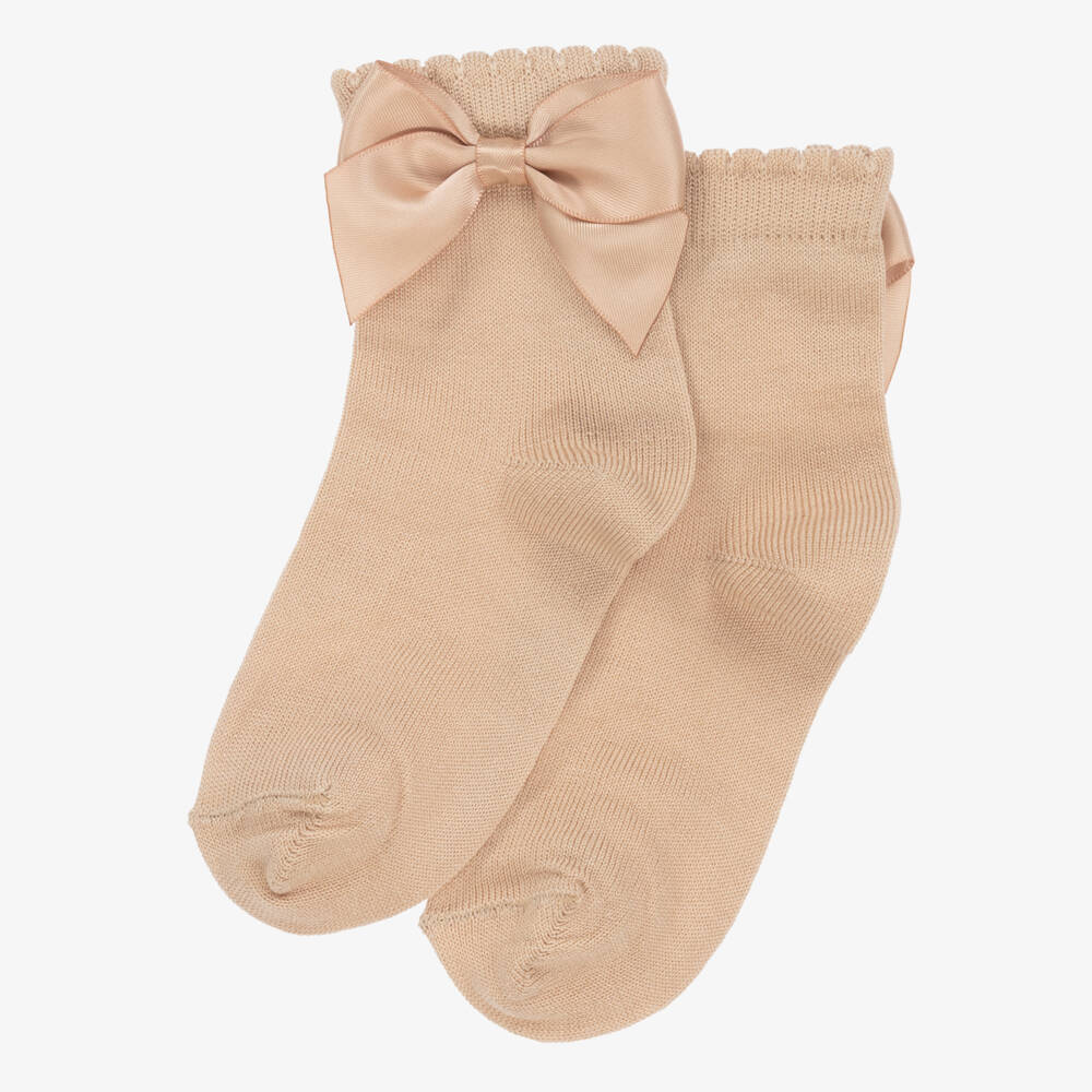 Carlomagno-Girls Beige Cotton Socks with Satin Bow | Childrensalon Outlet