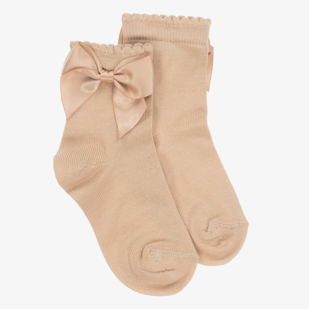 Carlomagno-Girls Beige Cotton Socks with Satin Bow | Childrensalon Outlet