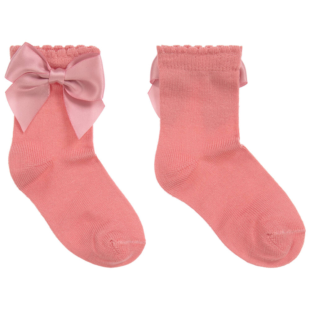Carlomagno-Girls Pink Cotton Socks With Satin Bow | Childrensalon Outlet