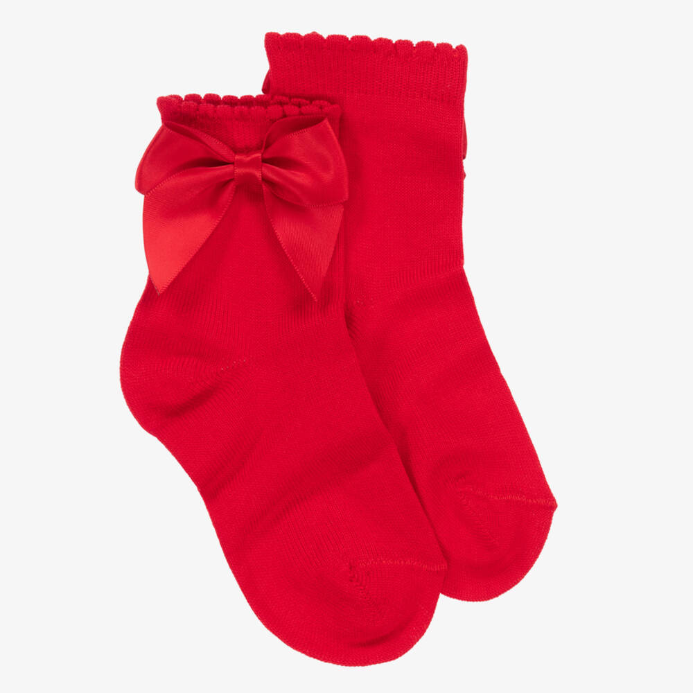 Carlomagno-Girls Red Cotton Socks with Satin Bow | Childrensalon Outlet