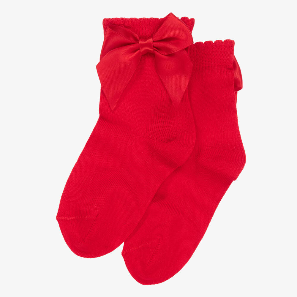 Carlomagno-Girls Red Cotton Socks with Satin Bow | Childrensalon Outlet