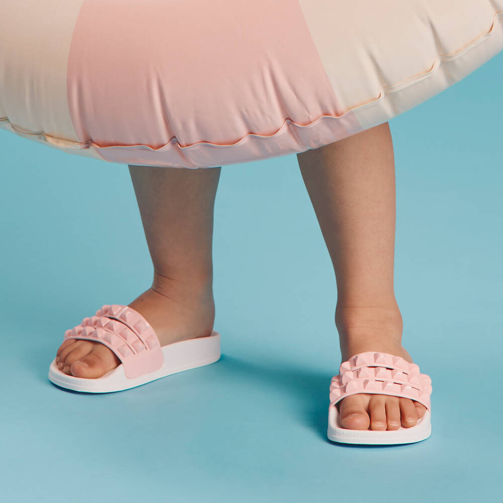 Carmen Sol-Girls Pink & White Studded Sliders | Childrensalon Outlet