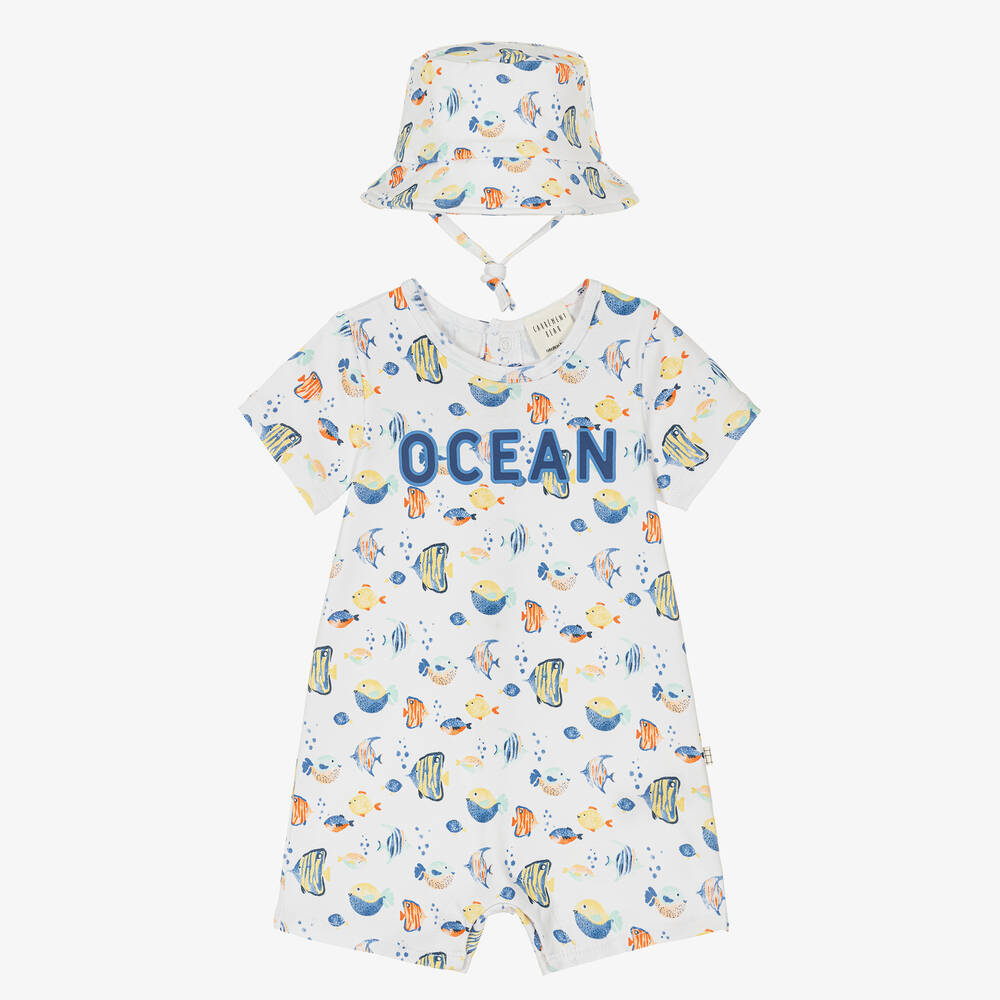 Carrément Beau - Baby Boys White Ocean Print Shortie Set | Childrensalon