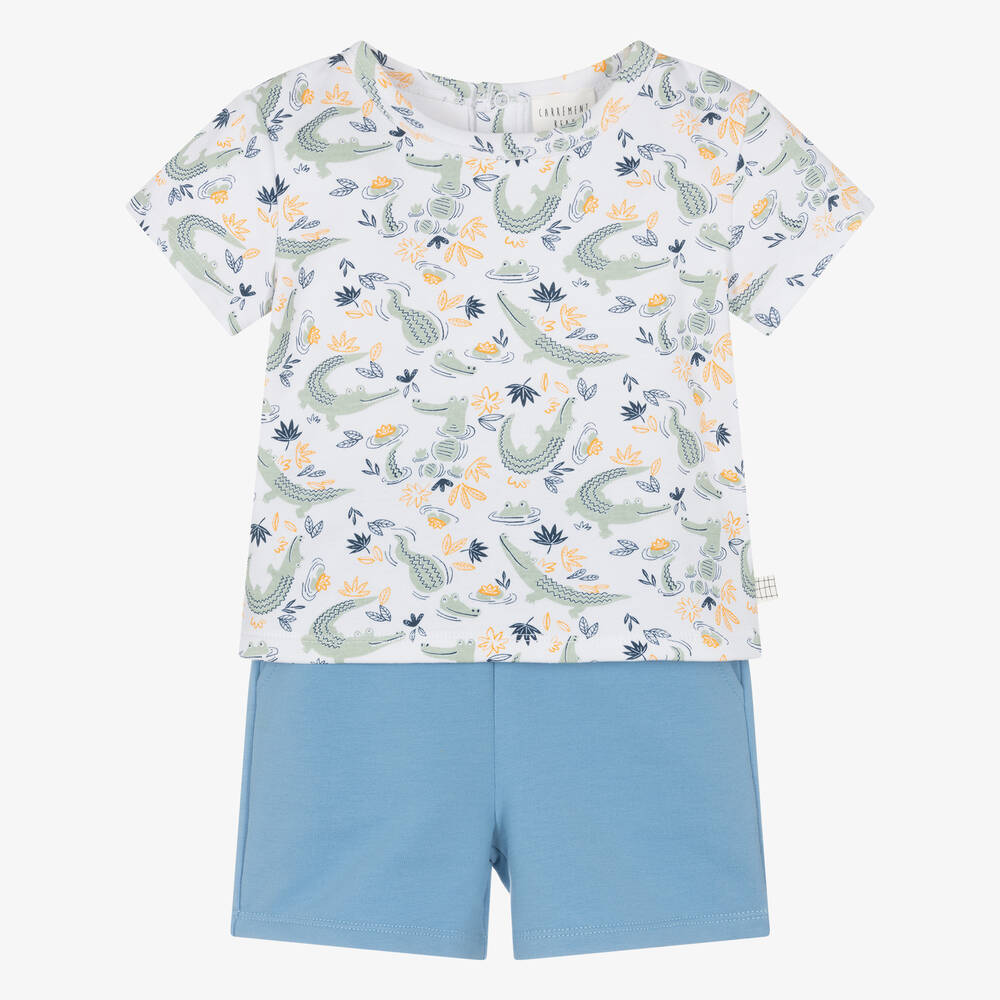 Carrément Beau-طقم شورت قطن عضوي لون أزرق وأبيض للأولاد | Childrensalon Outlet