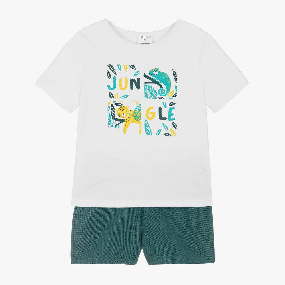 Carrément Beau - Boys Green & White Jungle Print Shorts Set | Childrensalon