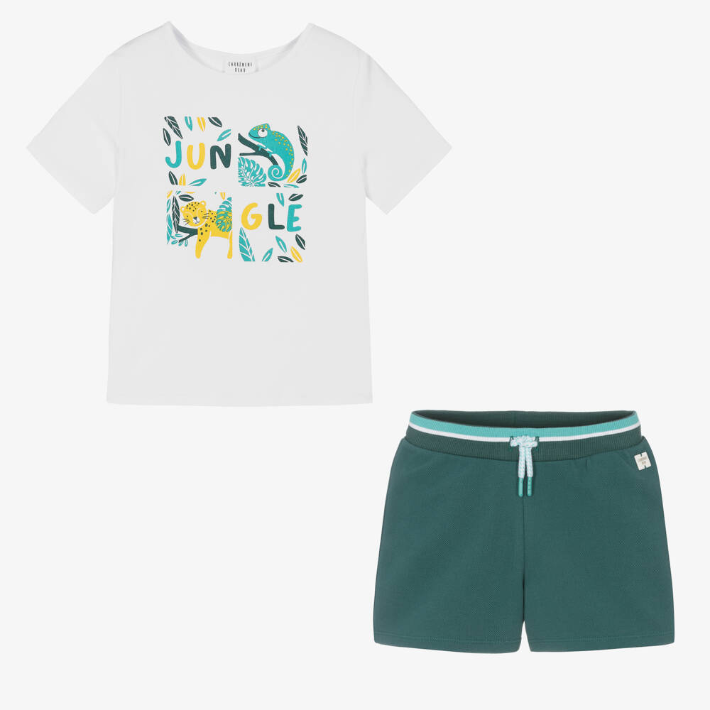 Carrément Beau-Boys Green & White Jungle Print Shorts Set | Childrensalon Outlet