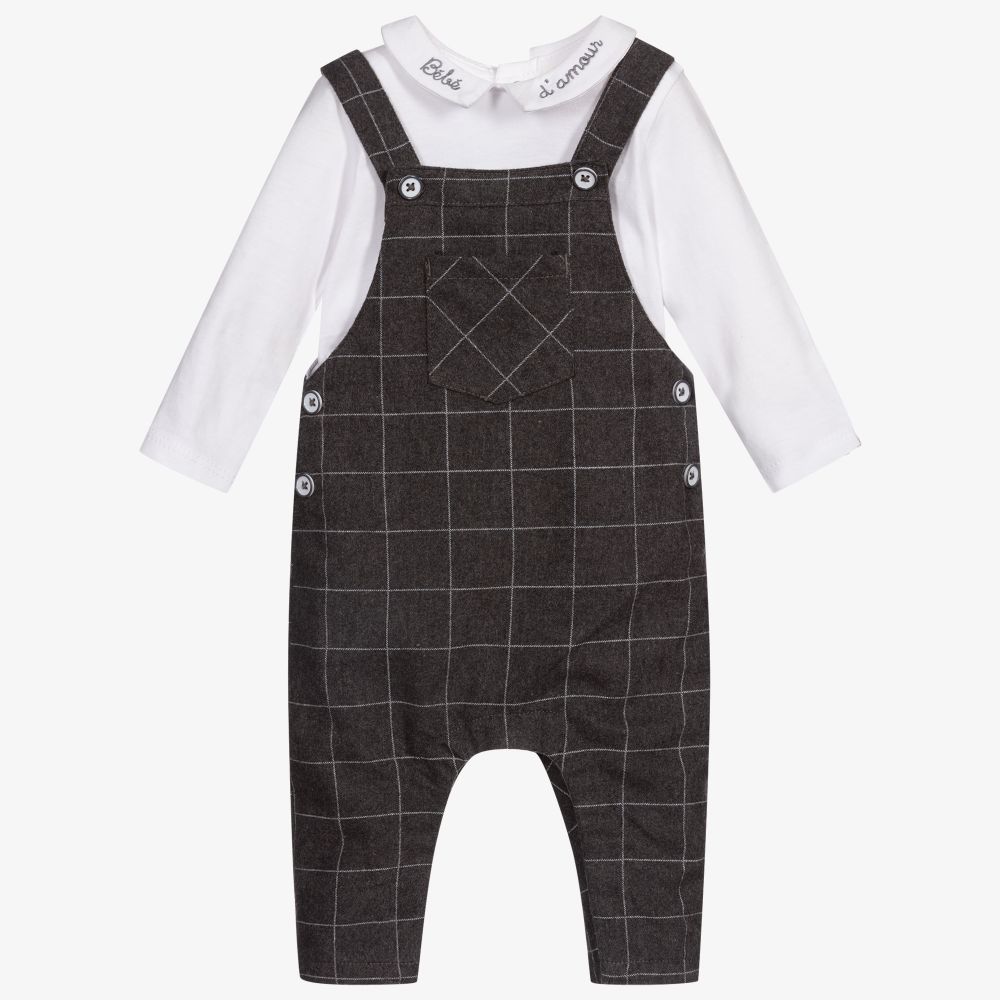 Carrément Beau - Boys Grey Check Dungaree Set | Childrensalon