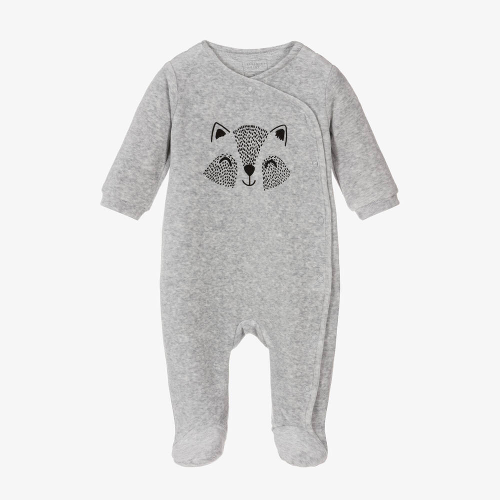 Carrément Beau - Boys Grey Racoon Velour Babygrow | Childrensalon