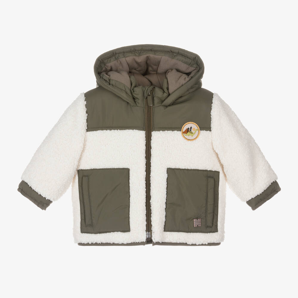 Carrément Beau - Boys Ivory & Green Hooded Sherpa Coat  | Childrensalon