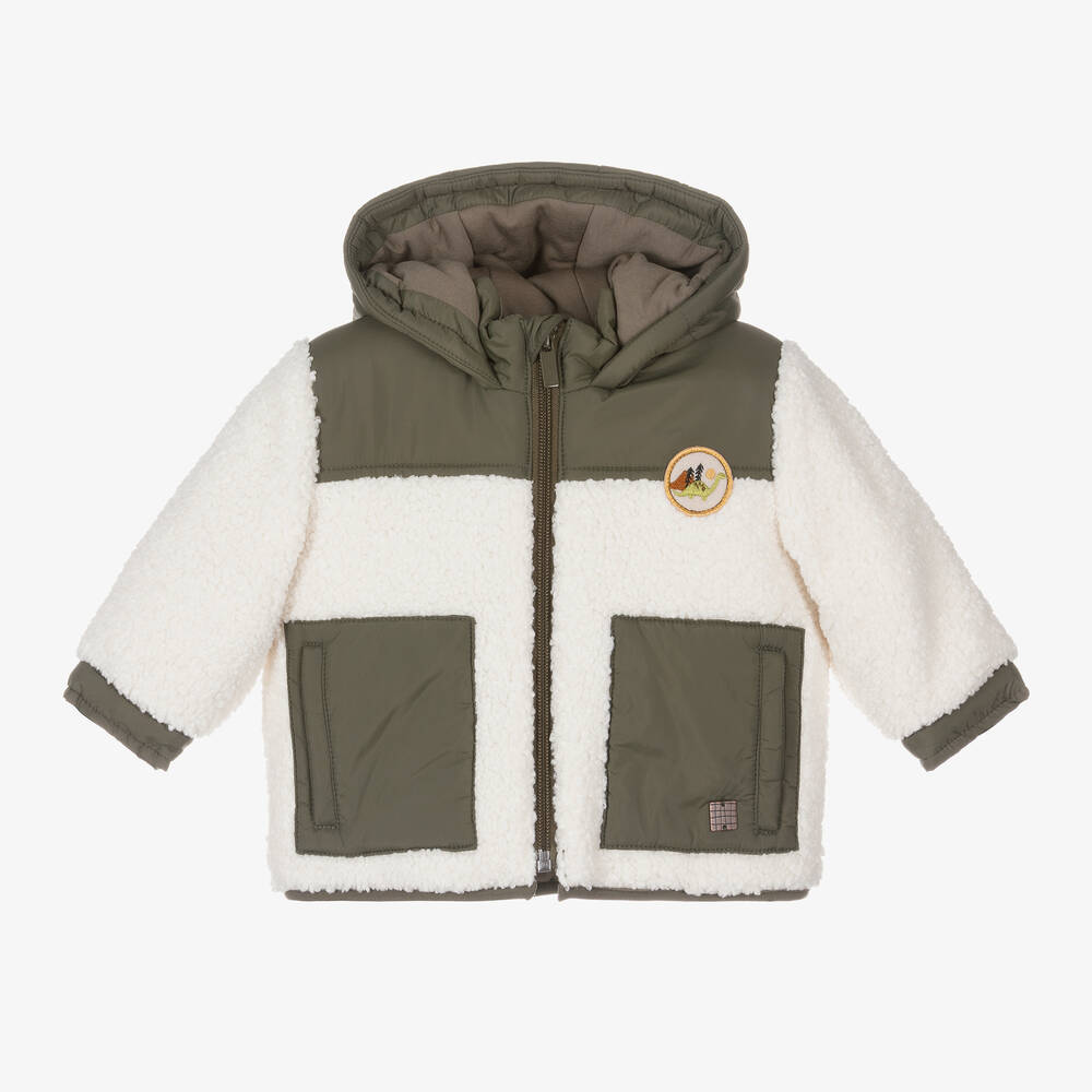 Carrément Beau-Boys Ivory & Green Hooded Sherpa Coat  | Childrensalon Outlet