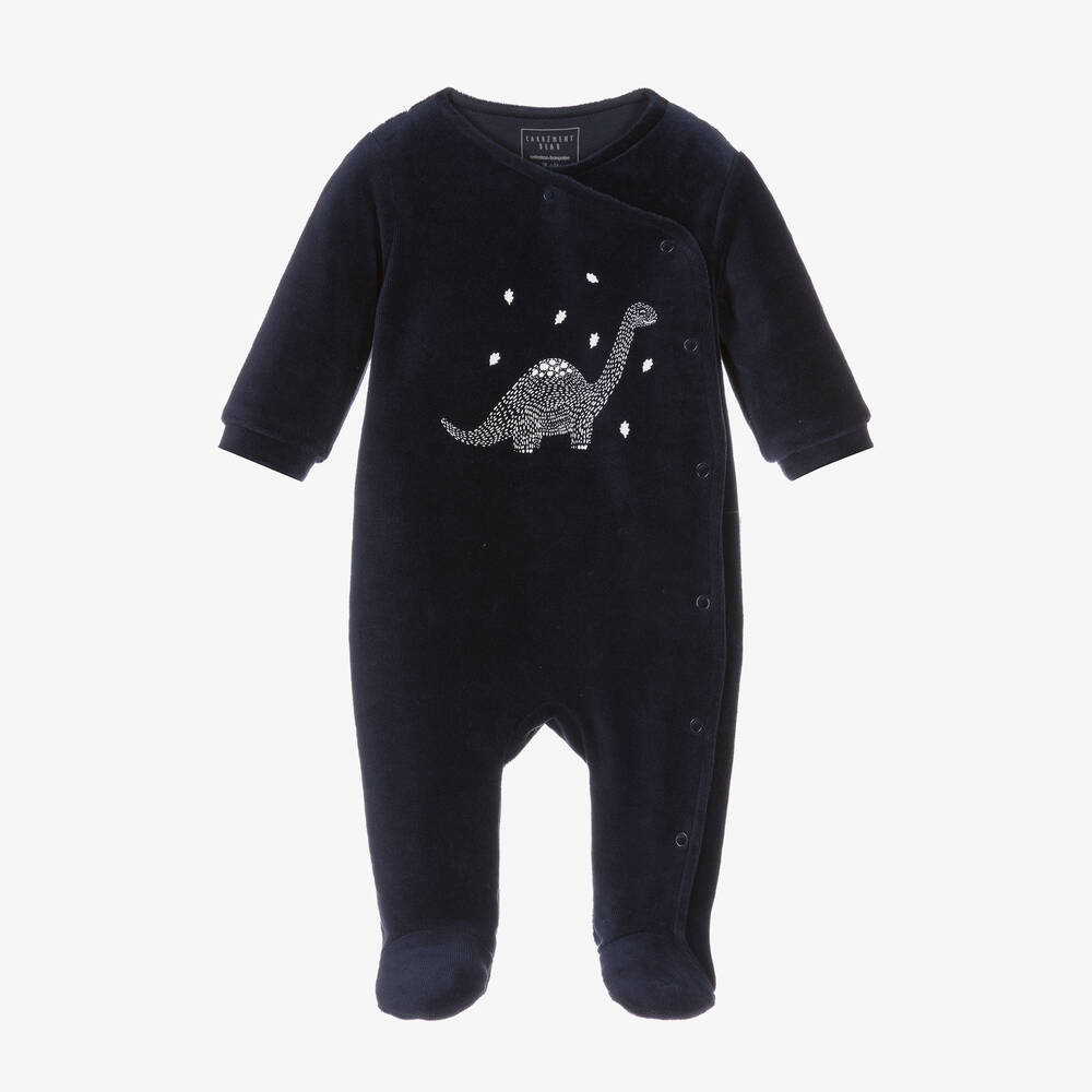 Carrément Beau - Boys Navy Blue Dinosaur Velour Babygrow | Childrensalon