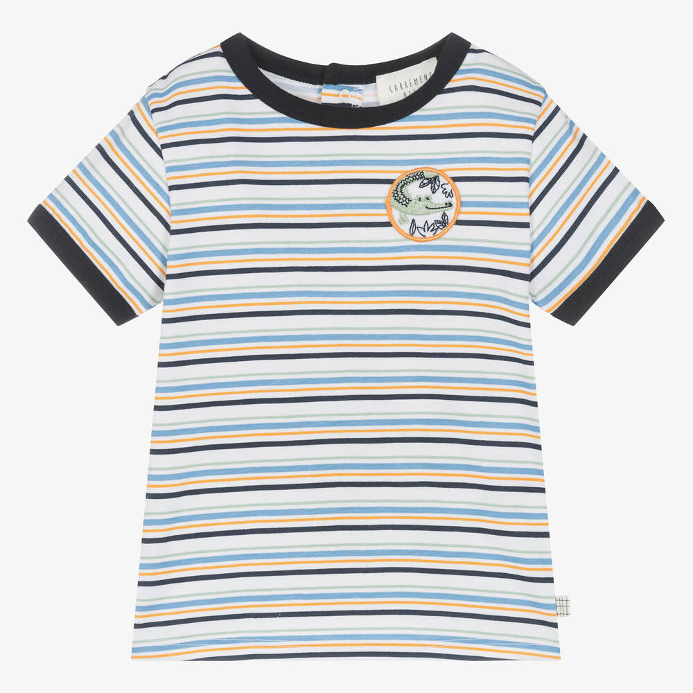Carrément Beau-Boys White & Blue Striped Cotton T-Shirt | Childrensalon Outlet