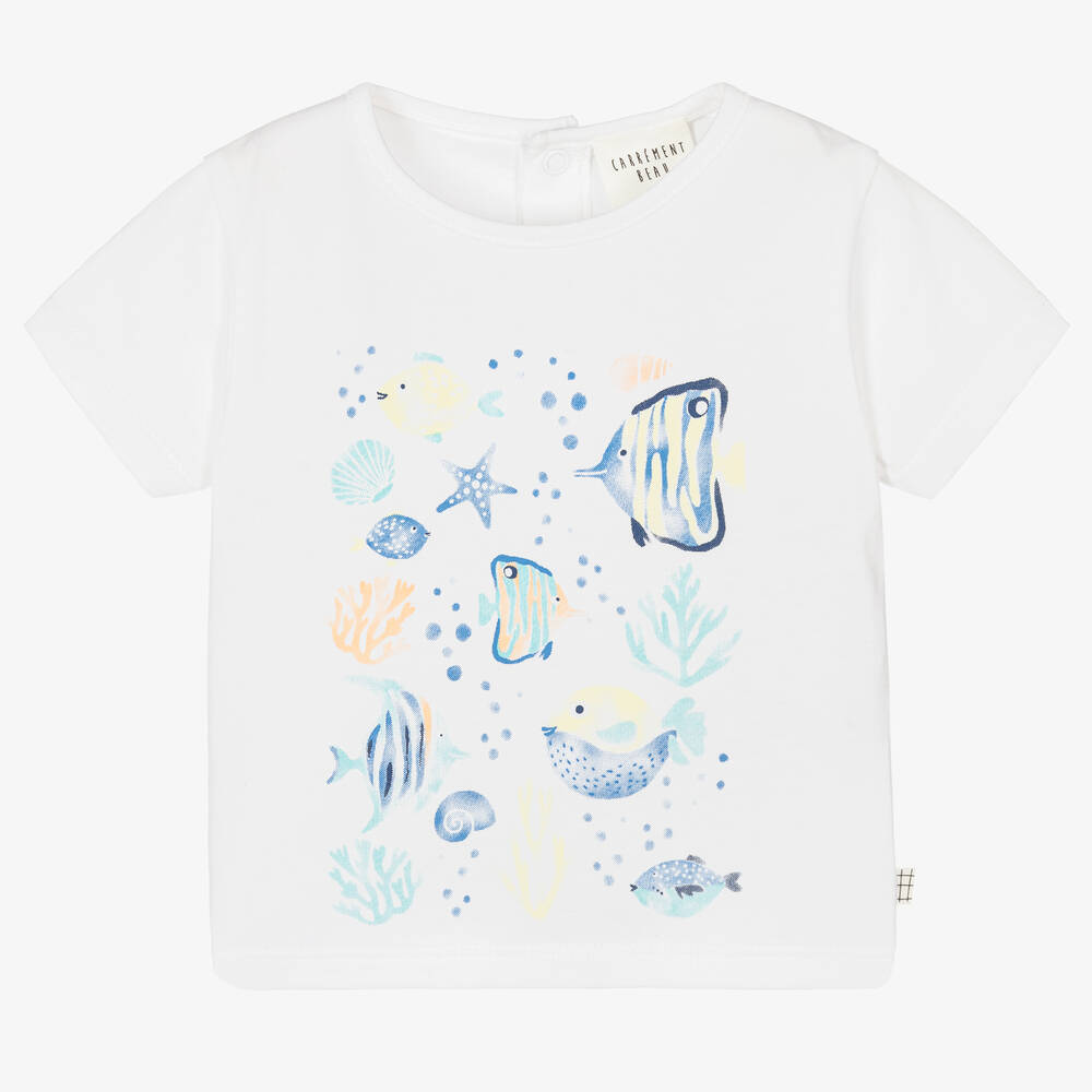 Carrément Beau - Boys White Cotton Aquatic Print T-Shirt | Childrensalon