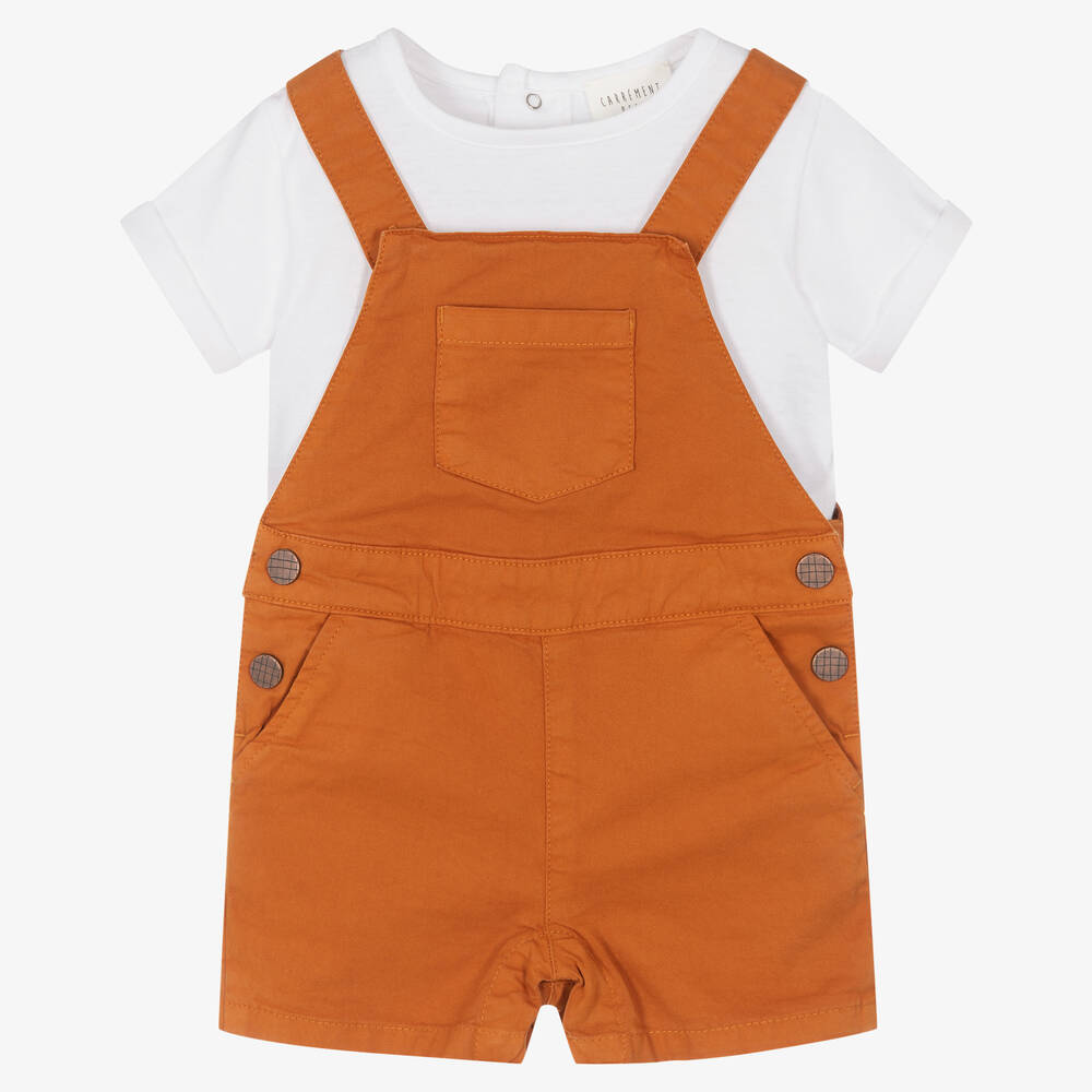 Carrément Beau-Boys White Top & Brown Dungarees Set | Childrensalon Outlet