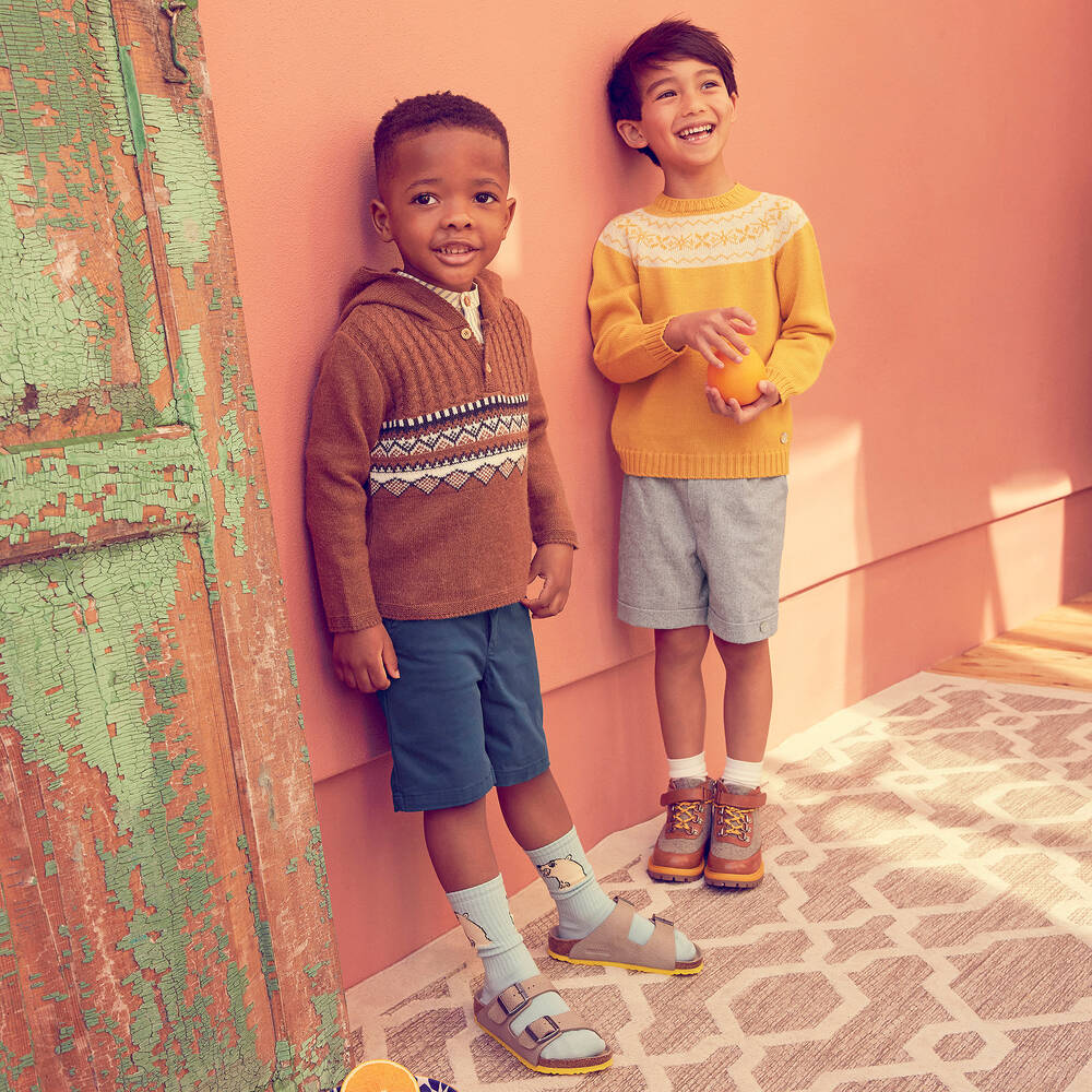 كاريمون بو-بوت أطفال ولادي جلد وقماش بأربطة لون بني ورمادي | Childrensalon Outlet