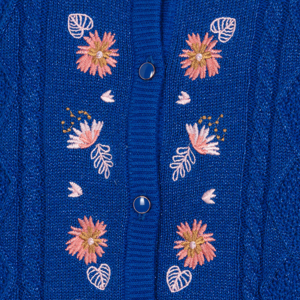 Carrément Beau-Girls Blue Cotton Embroidered Cardigan | Childrensalon Outlet