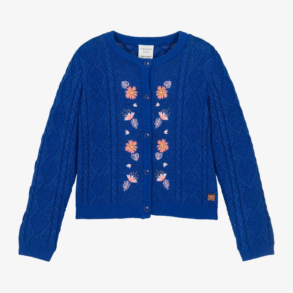 Carrément Beau-Girls Blue Cotton Embroidered Cardigan | Childrensalon Outlet