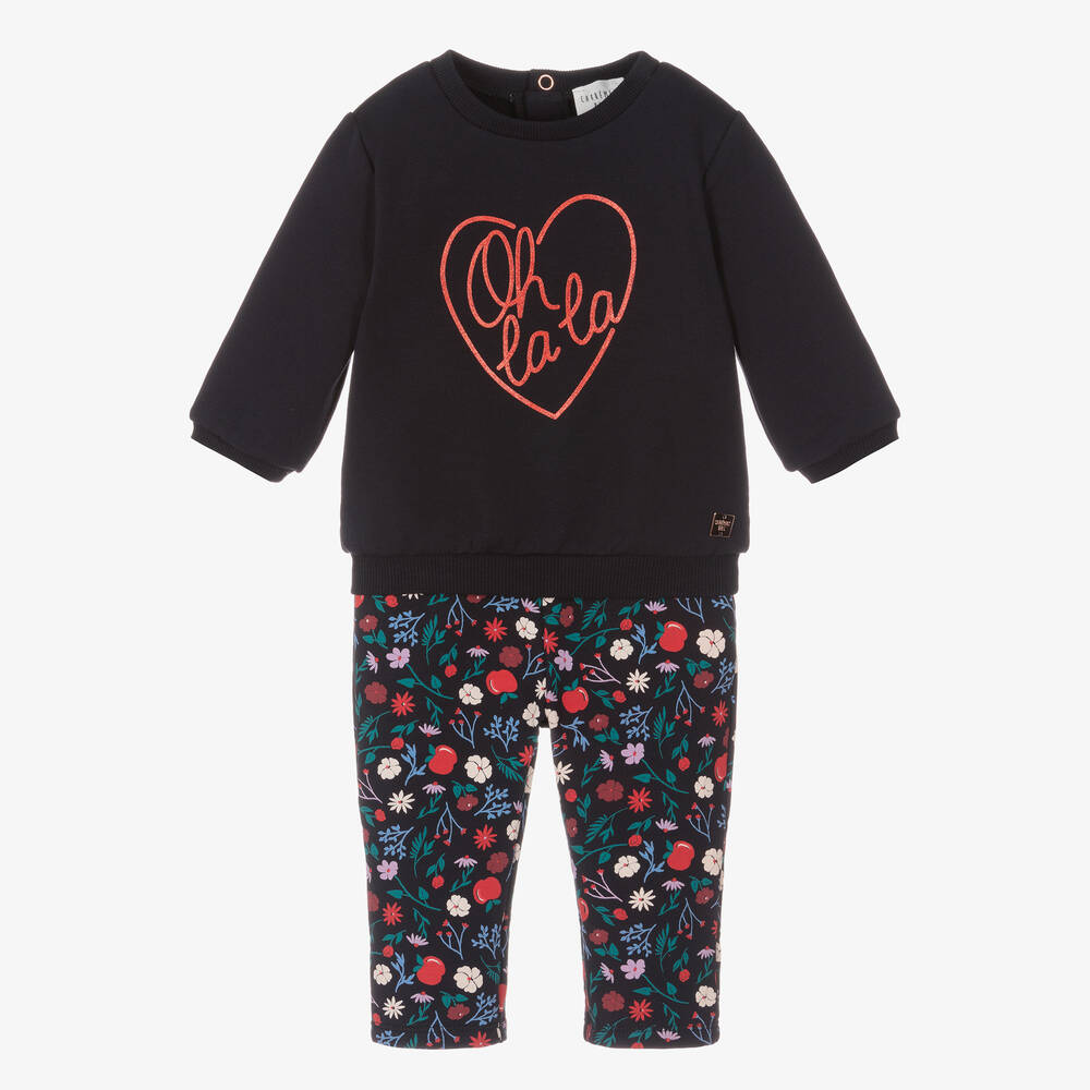 Carrément Beau - Girls Blue Cotton Flowers & Apples Tracksuit | Childrensalon