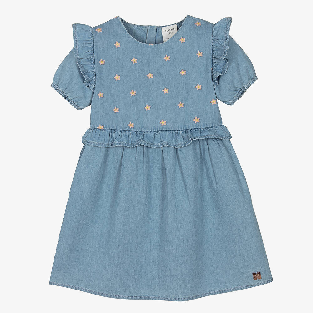 Carrément Beau - Robe bleue brodée en chambray fille | Childrensalon