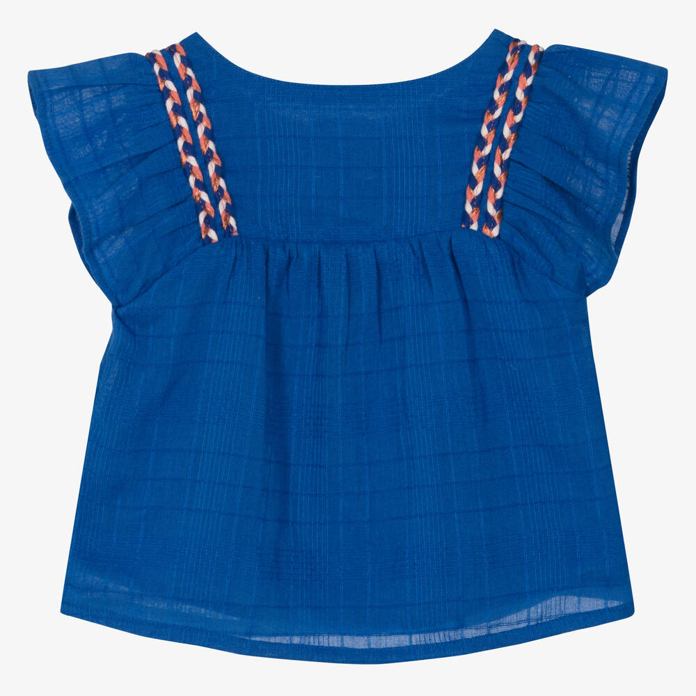 Carrément Beau-بلوز قطن مطرز لون أزرق للبنات | Childrensalon Outlet